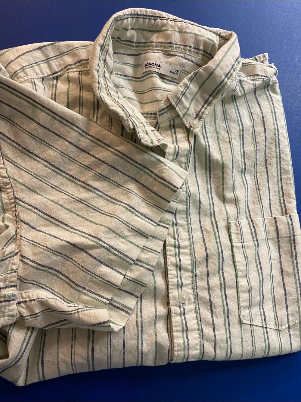Sonoma Men’s Casual Button-Down Shirt – Ivory with Green and Blue Stripes
